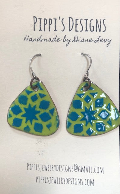 Blue on green copper enamel design earrings
